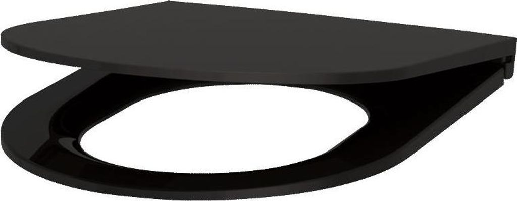 A black toilet seat with a lid, shown from a slightly elevated side angle against a white background.