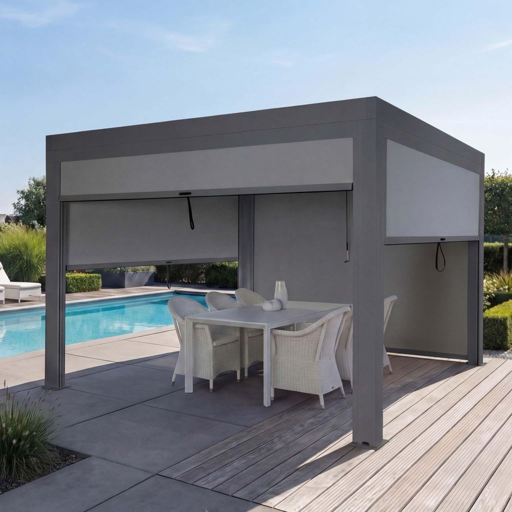 Pergola HWC-L46 mit Seitenwand, Gartenpavillon Lamellen-Pavillon Rollo, 11cm-Alu-Gestell, sturmfest 3x4m anthrazit