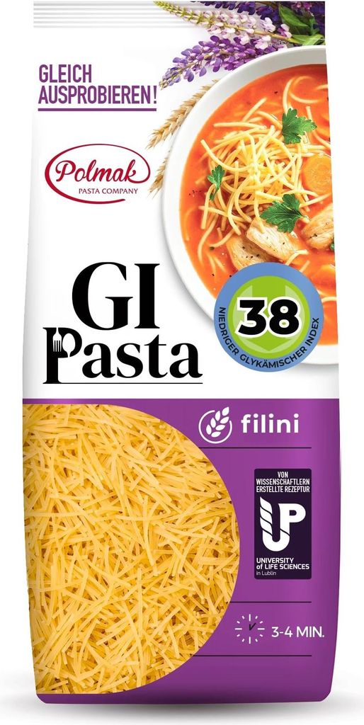 GI Pasta Filini mit niedrigem glykämischen Index für Diabetiker | Hoher Protein- und Ballaststoffgehalt | Wenig Kohlenhydrate und niedriger glyk...