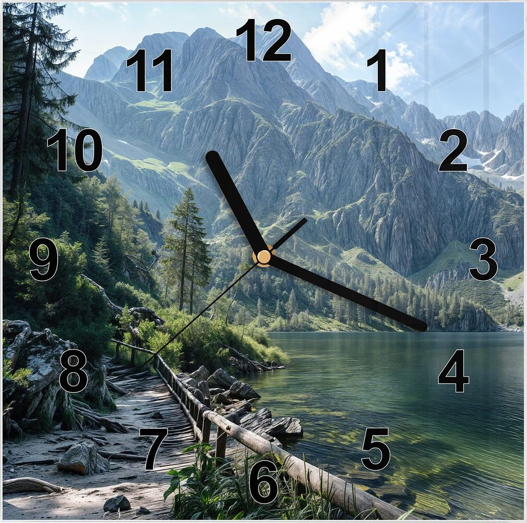 Wanduhr aus Glas mit Motiv Berglandschaft See- 30 x 30 cm - inkl. Aufhängesystem