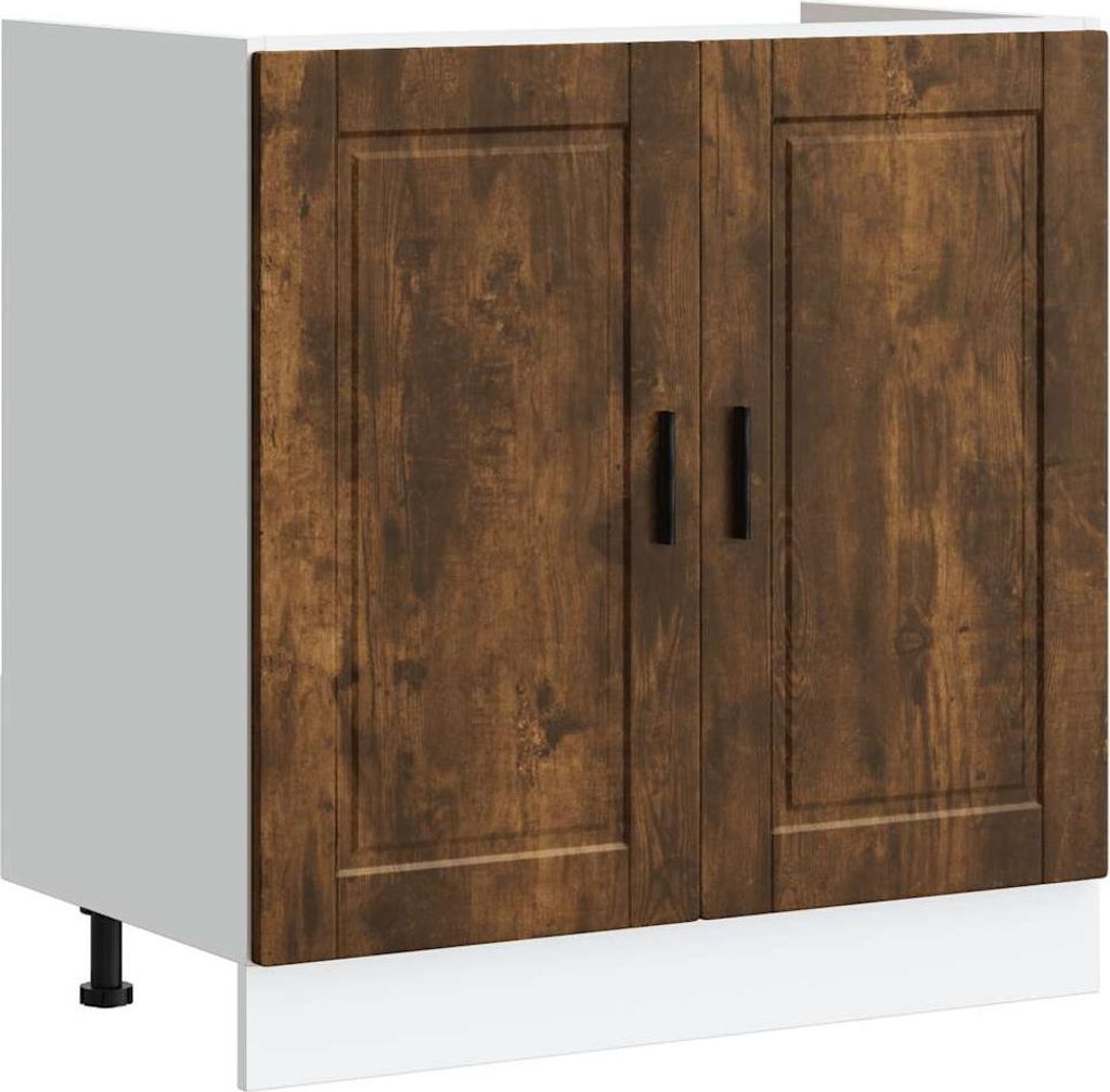 A studio shot of a kitchen base cabinet with two doors.