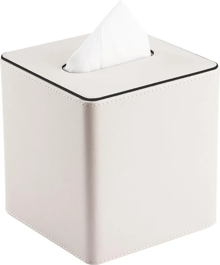 Boîte à mouchoirs carrée en cuir PU blanc - Distributeur chic 13x13 cm