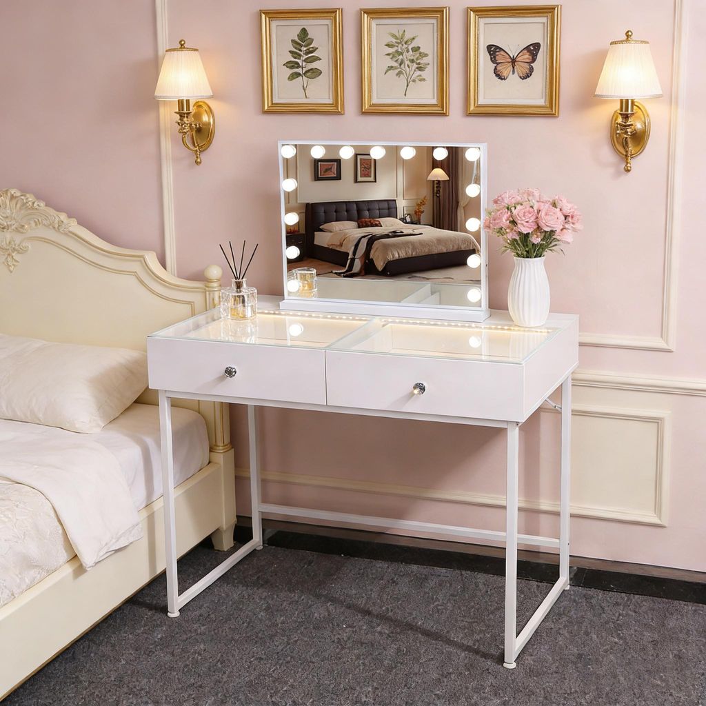 VANITII Schminktisch mit Spiegel 15 LED Glühbirnen, einstellbare Helligkeit, mit 2 Schubladen