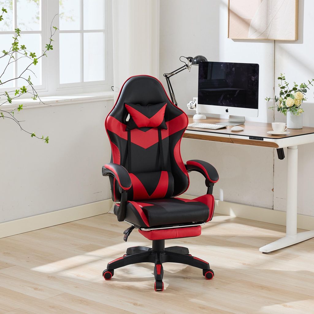 360°-Drehbare Ergonomische Rennsport-Design-Gaming-Stuhl Leder Hochlehnsbürostuhl Höhenverstellbarer Arbeitsstuhl mit Fußstütze, Kopfstütze u...