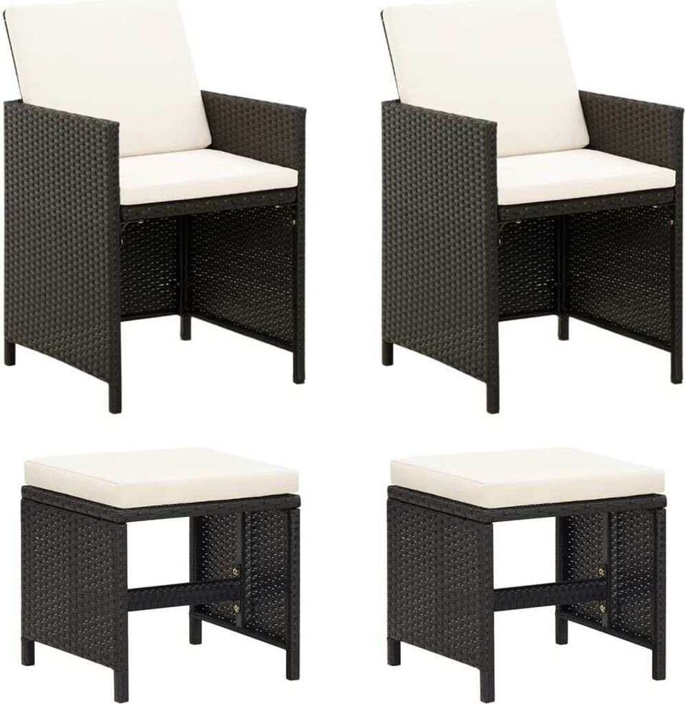 4-tlg. Gartenstuhl und Hocker Set Poly Rattan Schwarz