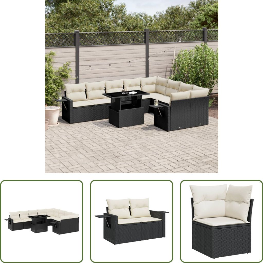 The Living Store 10-tlg. Garten-Sofagarnitur mit Kissen Schwarz Poly Rattan
