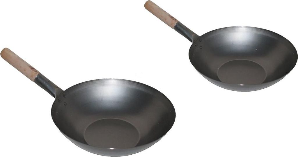 WOK SET, 36FB-38FB, Wok Pfanne 36 cm Ø flacher Boden + Wok Pfanne 38 cm Ø flacher Boden mit Holzgriff Kohlenstoffstahl