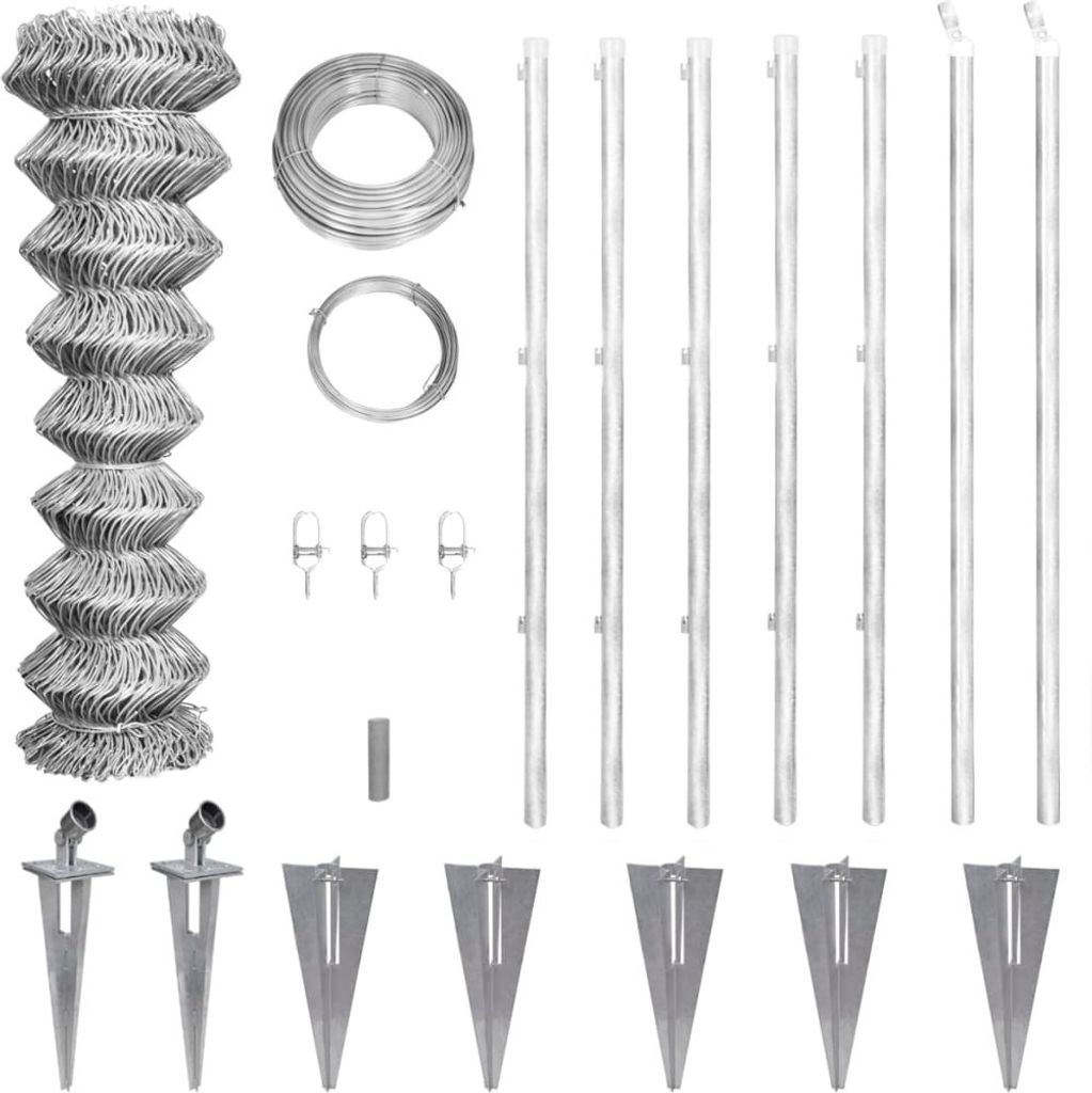 The Living Store Maschendrahtzaun mit Pfosten Bodenhülsen Stahl Verzinkt 15x1m