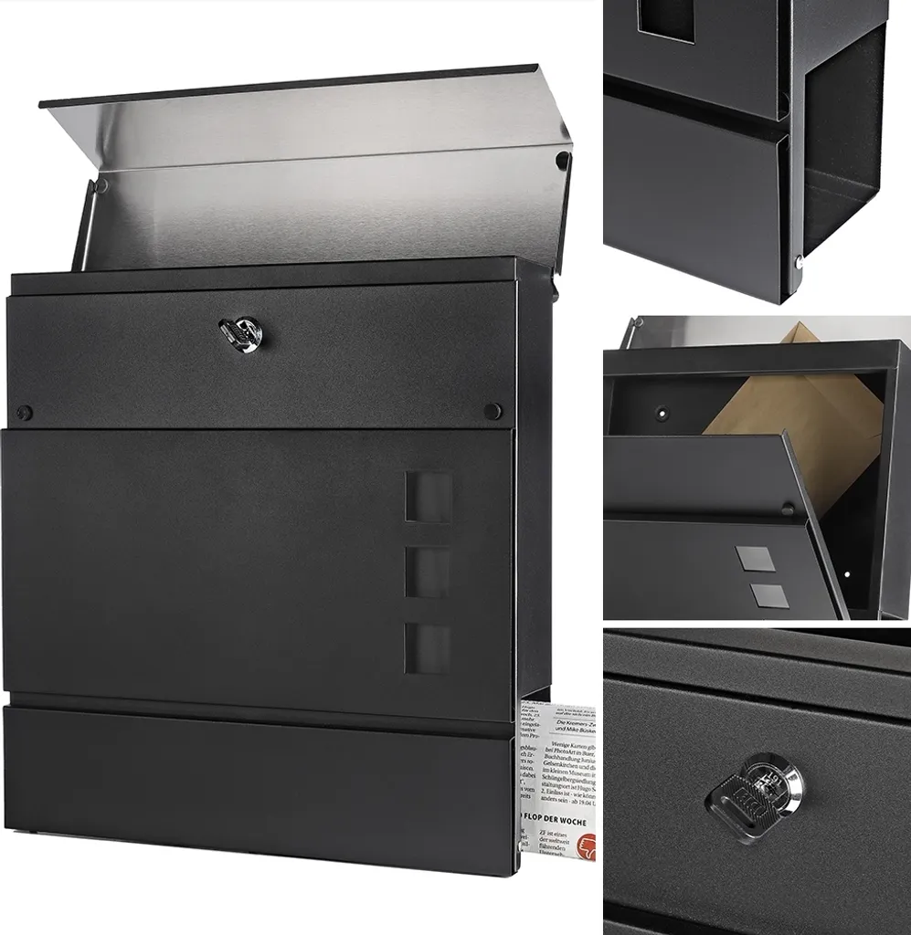 Boîte aux lettres Mailbox en acier robuste noir argent porte-revues