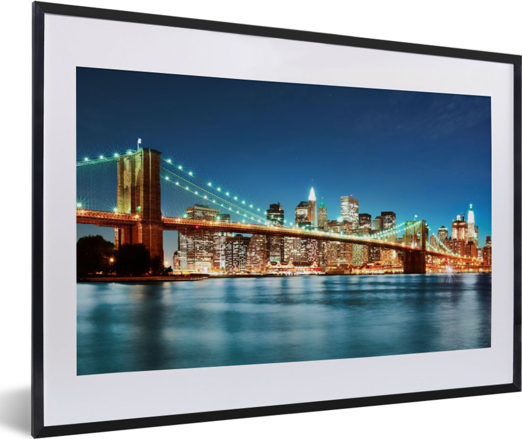 MuchoWow Gerahmtes Poster New York - Brücke - Architektur - Brooklyn - Licht 60x40 cm - Poster mit Schwarzem Bilderrahmen Wandposter Rahmen Foto...