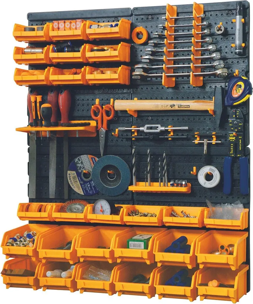 Panneau perforé modulable 66x78cm : 27 bacs de tri et set de 38 accessoires