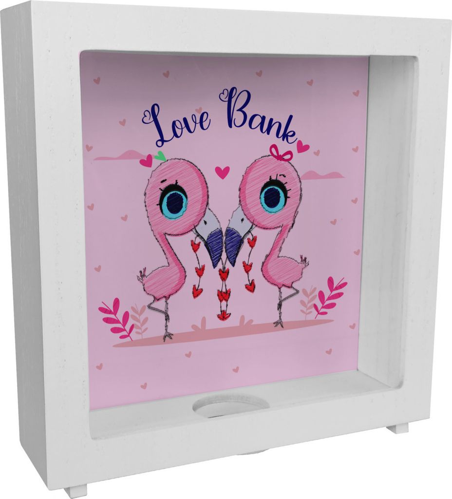 Flamingo Rahmen Spardose aus Holz in rosa mit Spruch Love Bank