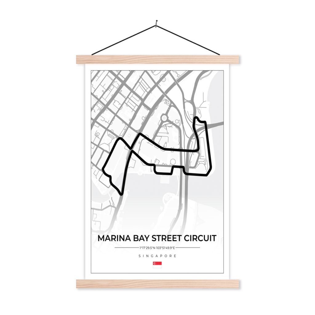 MuchoWow Textilposter Rennsport - Sport - Rennstrecke - Singapur - Marina Bay Street Circuit - Weiß 40x60 cm mit holzfarbenen Rahmen - Poster