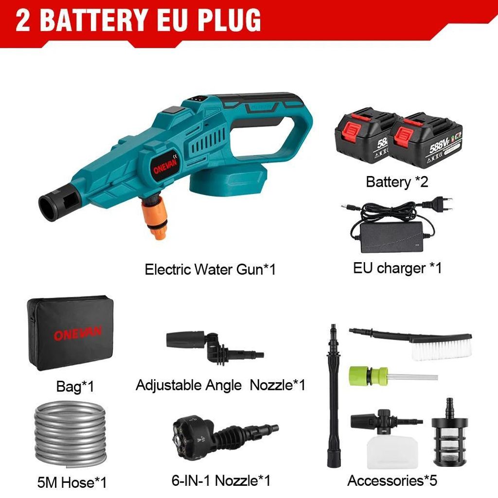 Hochdruckreiniger - Bürstenlos akkubetrieben - 200 bar, Schaumlanze - 2 Akkus inkl., EU-Stecker - Gold