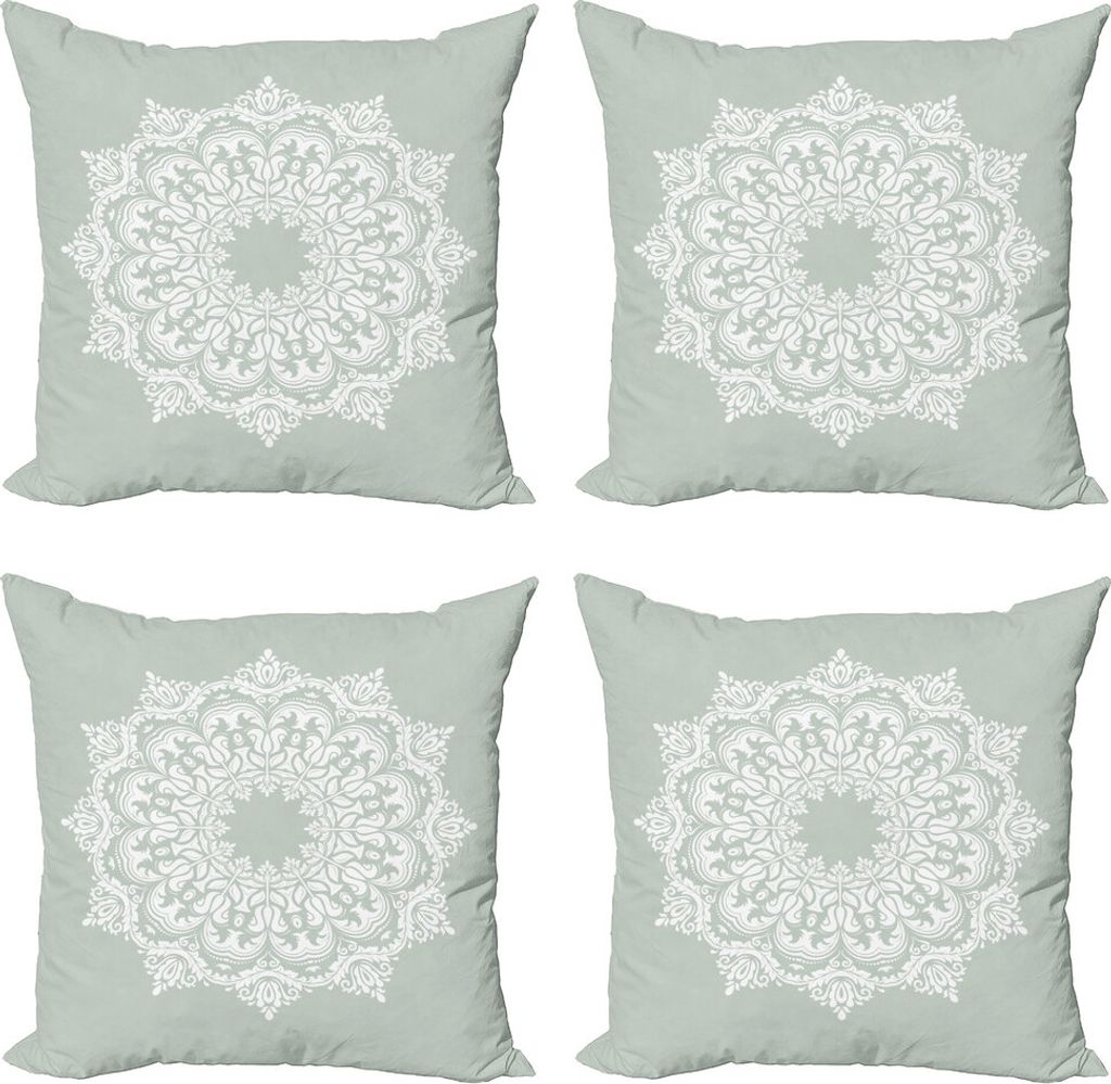 ABAKUHAUS Orient Kissenbezug Set (4 Stück), Damast-Blumenmotive, Moderner Doppelseitiger Digitaldruck, 50 cm x 50 cm, Grün Weiß