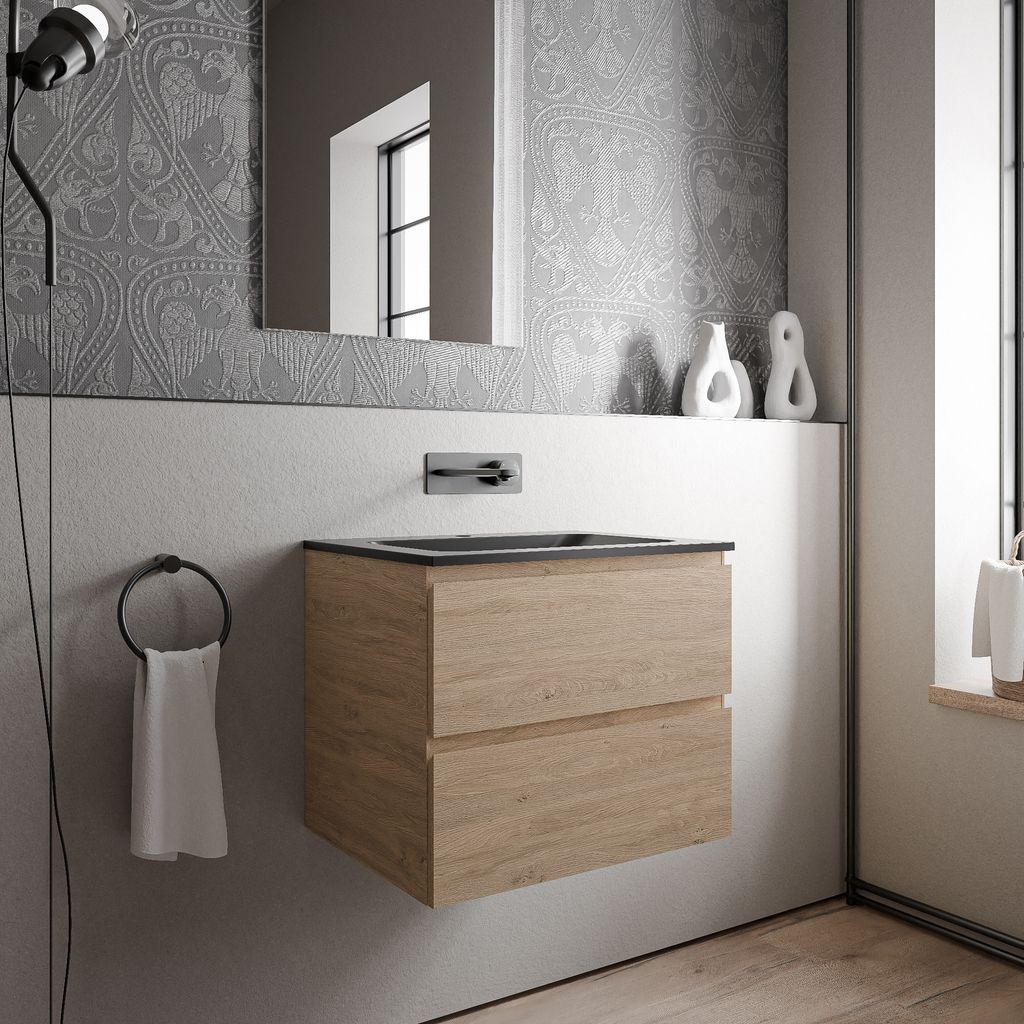 Unterschrank AVA 60 cm mit Mineralguss Waschbecken CREAM - Farbe wählbar, Auswahl Waschbecken:Schwarz matt ohne Hahnloch, Farbe Badmöbel:Eiche Ho...