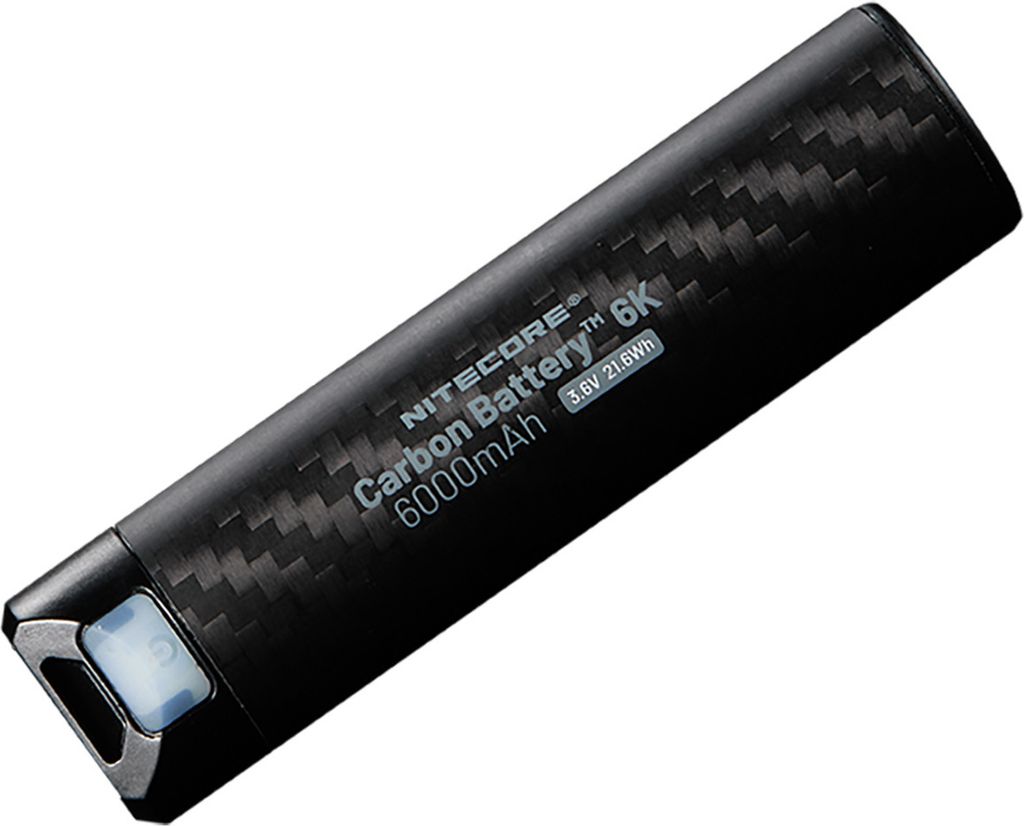 A black carbon fiber patterned power bank with text and a blue indicator light.