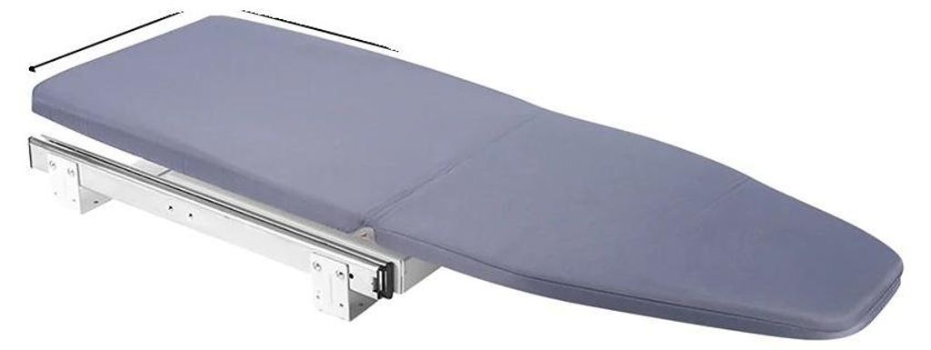A gray ironing board with a sliding mechanism, shown from a diagonal angle against a white background.