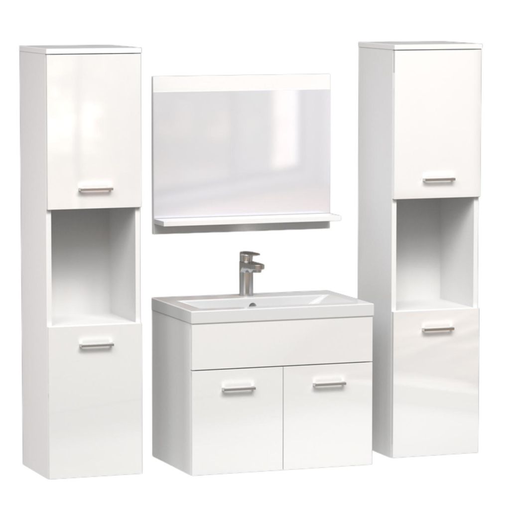 Badmöbel Set PURO mit Keramik Waschbecken und Spiegel Weiß Hochglanz Badezimmermöbel Badmöbelset