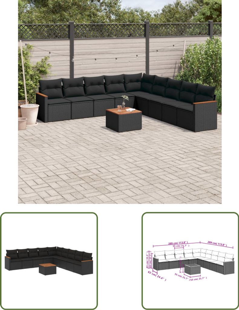 The Living Store 10-tlg. Garten-Sofagarnitur mit Kissen Schwarz Poly Rattan