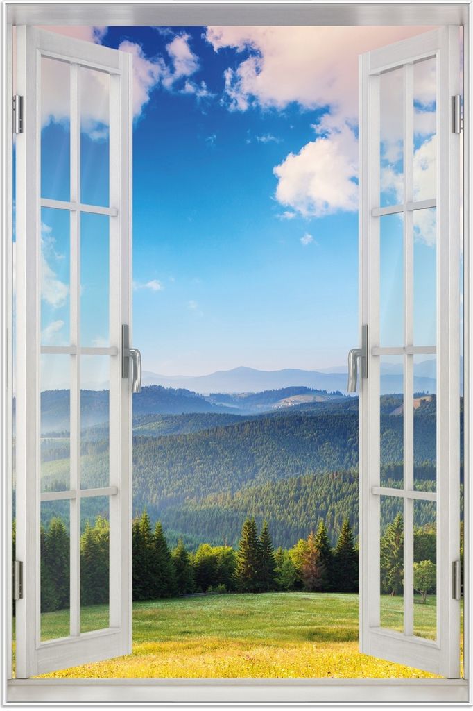 Wallario Wandbild mit Fenster-Illusion: Berglandschaft im Gebirge unter blauem Himmel, Größe: 61 x 91,5 cm, Poster mit weißem Aluminiumrahmen