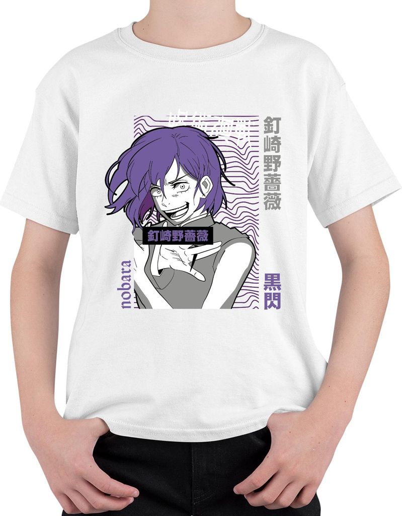 Jujutsu Kaisen Nobara Kugisaki 釘崎野薔薇 lila Haar Anime Geschenk Uni Kinder T-Shirt, Weiß, 116