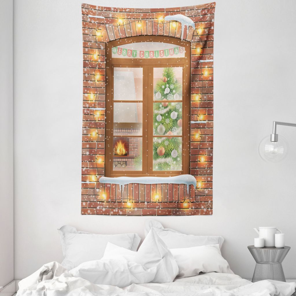 ABAKUHAUS Weihnachten Wandteppich und Tagesdecke, Blick durch ein Fenster aus Weiches Mikrofaser Stoff Waschbar ohne Verblassen Digitaldruck, 140 x...
