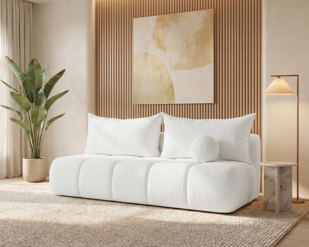 BESILIO Kleines Schlafsofa 207 cm Glomi – Sofa mit Schlaffunktion und Stauraum für Bettwäsche, Bouclé – Weiß & Quelle 01