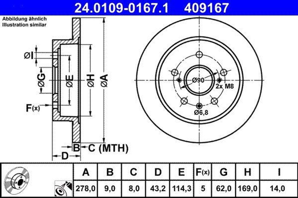 ATE 24.0109-0167.1 Bremsscheibe OE 71750932 kompatibel mit Sedici