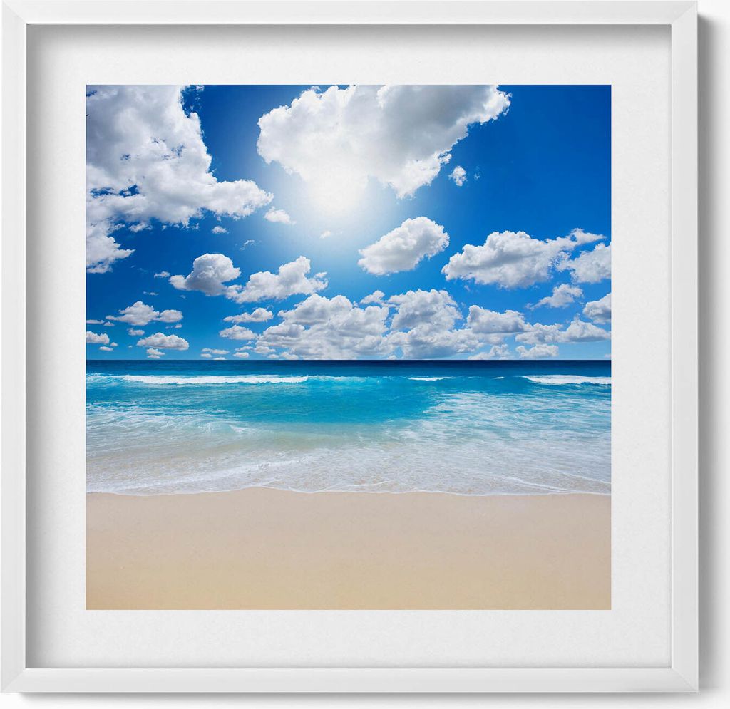 Strand, Meer und Horizont– Wandbild mit Rahmen – Gerahmtes Bild – Wanddekoration – 50x50 cm – Weiß Rahmen