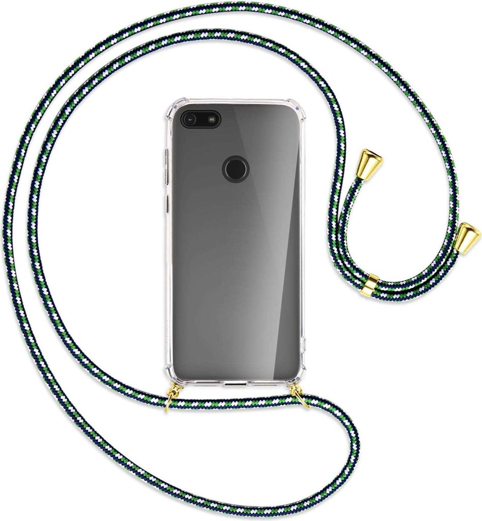 Handykette Backcover-Schutzhülle mit Band (Metall goldfarben) für Motorola Moto E6 Play - grün/blau/weiß