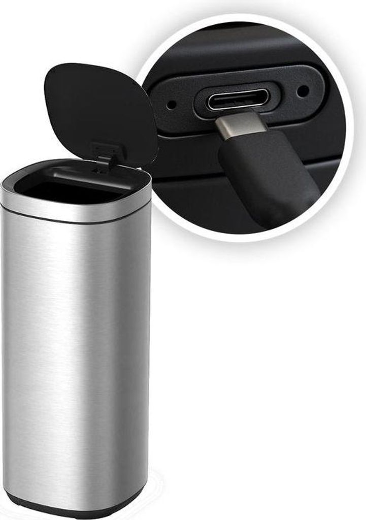 FlinQ Velo Mülleimer - Wiederaufladbarer Mülleimer mit Softclose-Deckel und LED-Statusleuchte - Abfalleimer - Mülleimer aus Edelstahl - 50 Liter