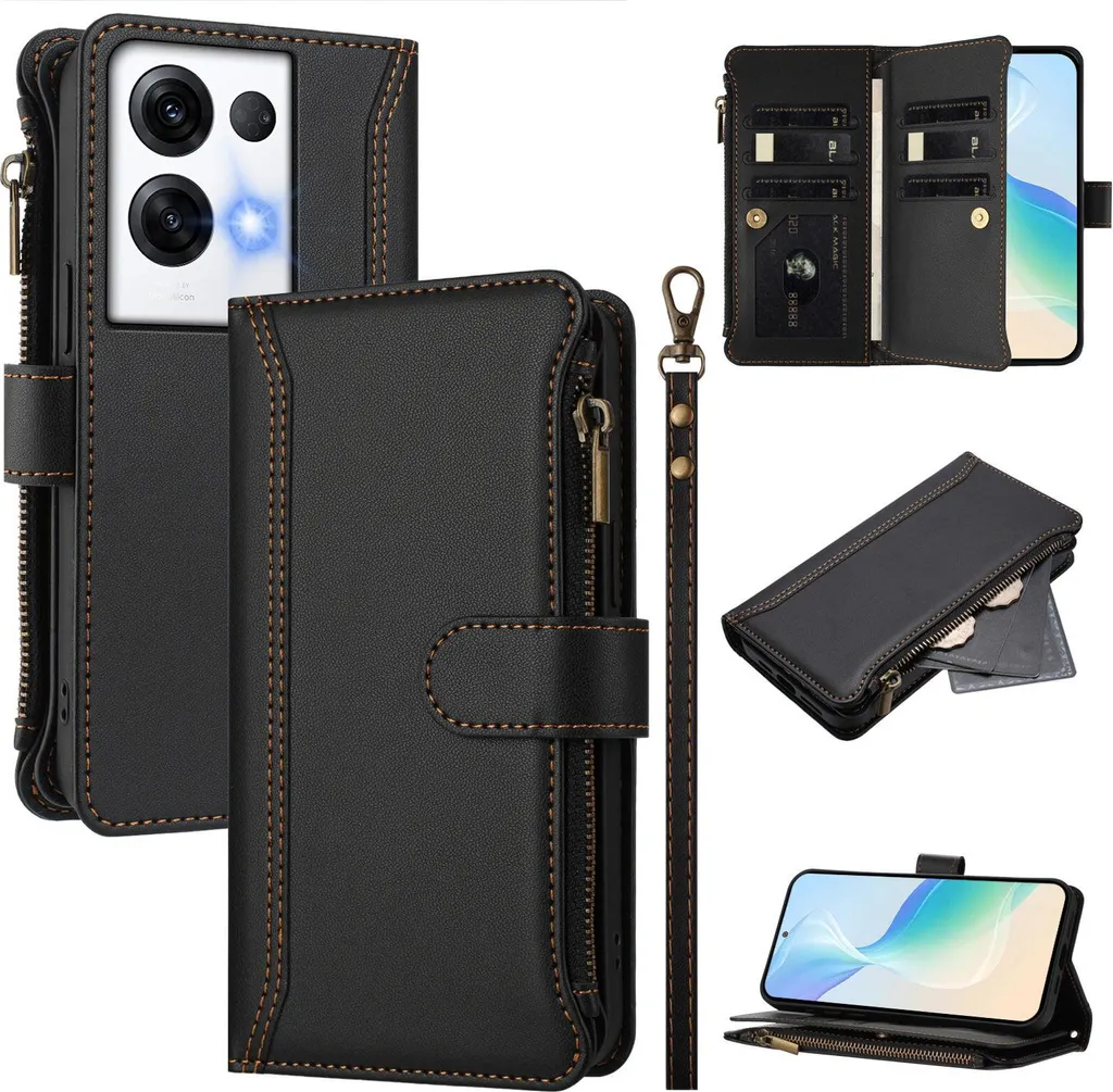 Custodia per Oppo Reno8 Pro 5G/Reno8 Pro+, con cerniera, portafoglio, custodia flip in Finto cuoio con tasche per carte, supporto e passante per la mano nero