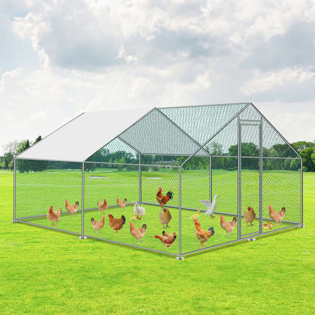 Clanmacy Hühnerstall Outdoor großer Hühnerhaus Dach Freilaufgehege Geflügelstall mit PE Verzinkter Stahlrahmen und abschließbare Tür 3 x 4 x 2 m