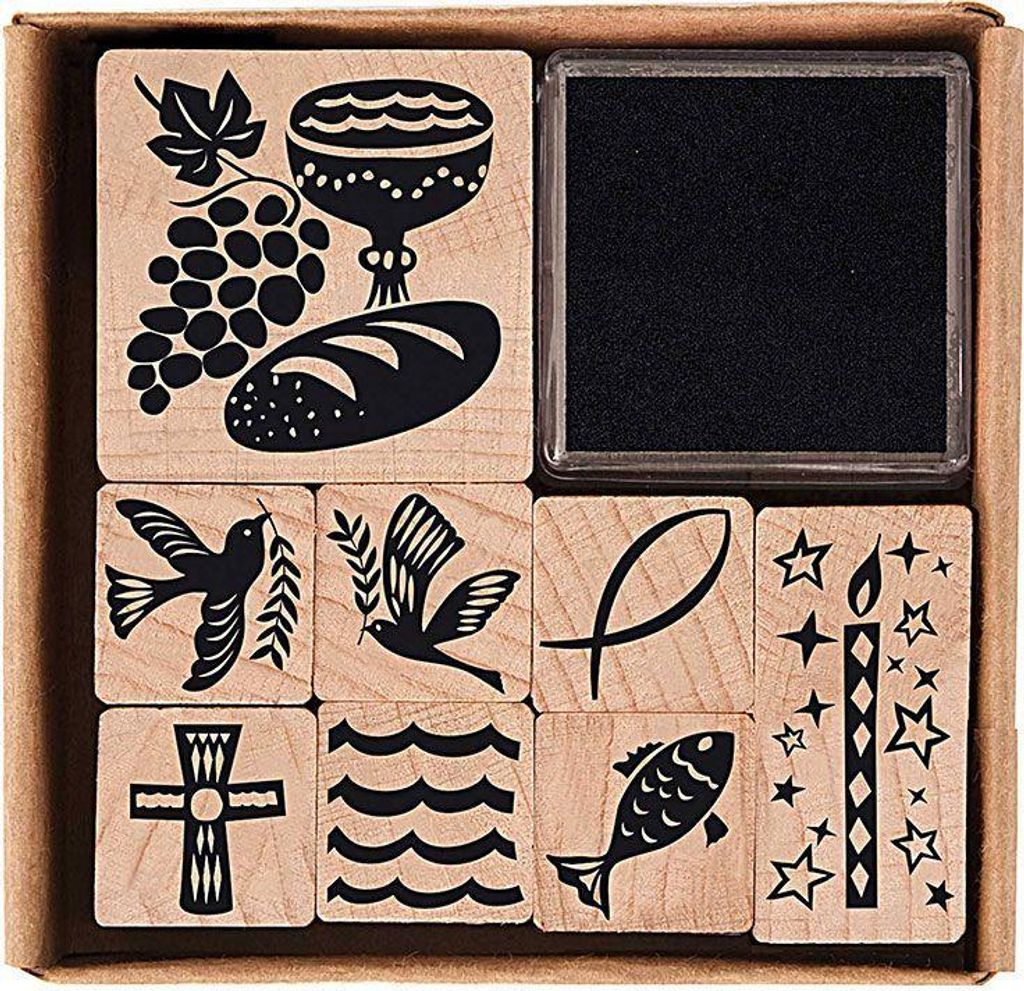 8 Holzstempel mit Stempelkissen - christliche Symbole