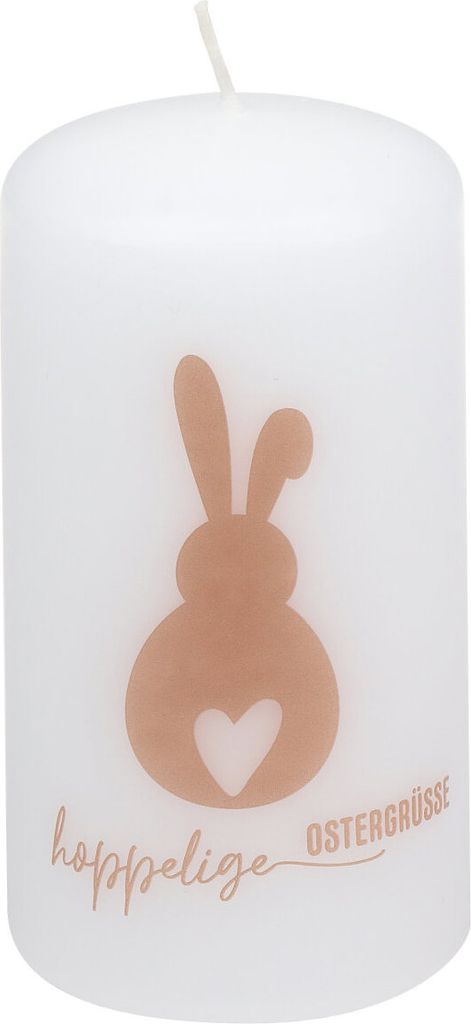 Stumpenkerze "hoppelige Ostern" Weiß 110/57 mm