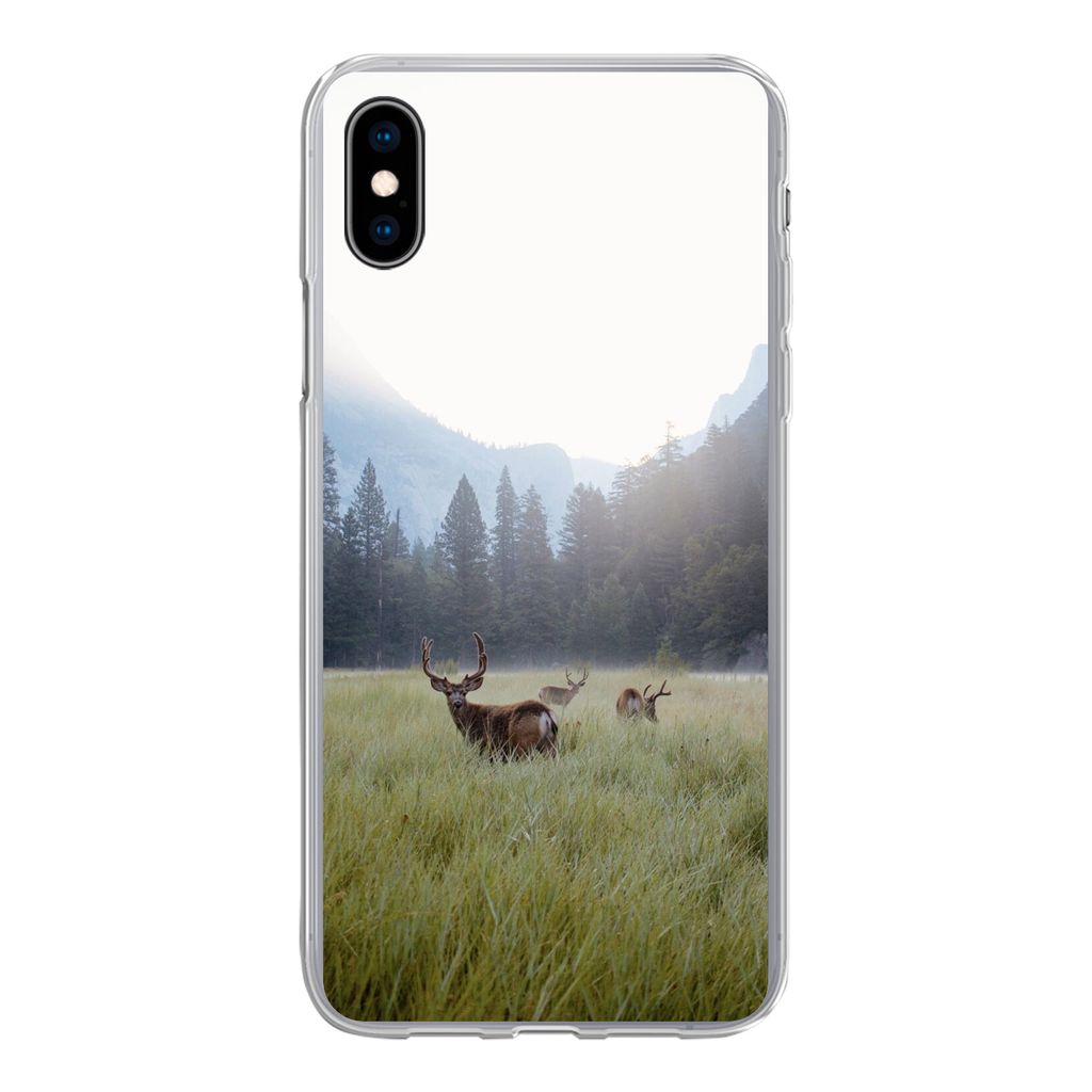MuchoWow Handyhülle Schutzhülle Hülle für iPhone Xs Wald - Hirsche - Nebel Silikon Softcase Handy Hülle - Handytasche