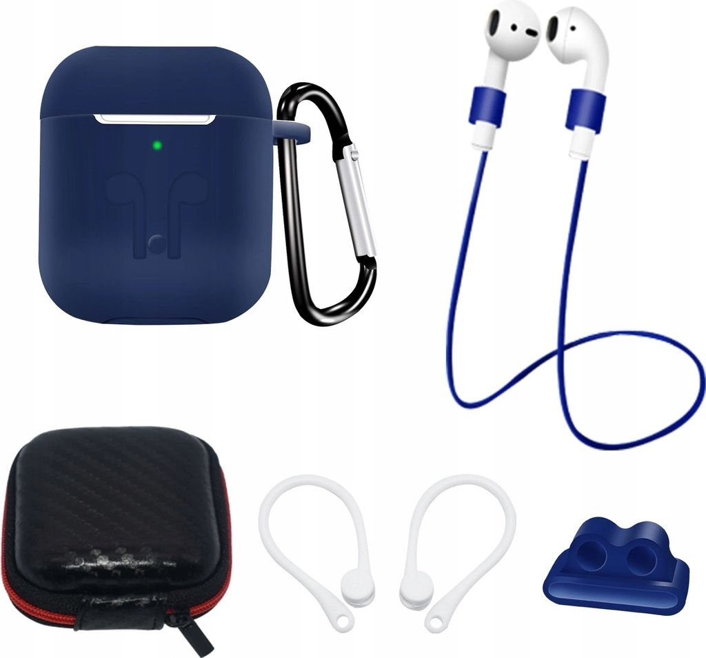 AirPods 2 / AirPods 1 Silikonhülle + Etui / Ohrbügel / Umhängeband / Uhrenarmbandhalter / Karabiner-Set - Blau