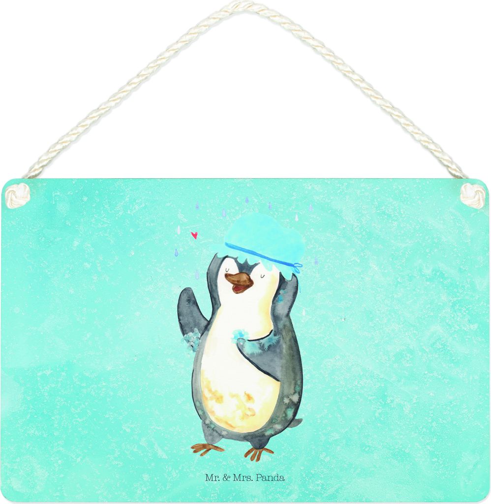 Mr. & Mrs. Panda Wandbild Holz Pinguin Duschen DIN A4 - Eisblau - Geschenk, wandhänger, Lebensmotto, Schild, Duschkonzert, Baden, Dusche, Holzschi...