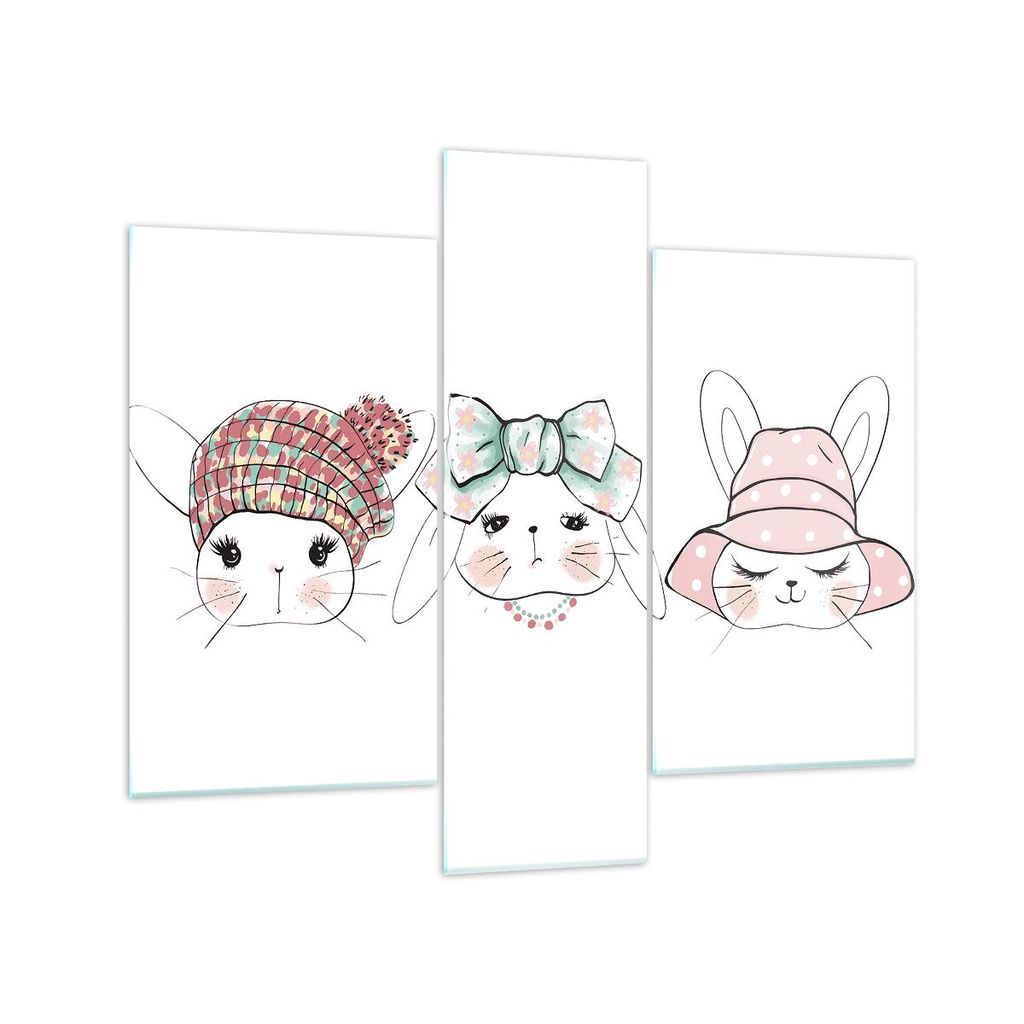 Bilder auf glas - Bunnys Hüte Illustration Kinder - 95x80cm - Glasbilder - Wandbilder - Kunstdruck - zum Aufhängen bereit - Wanddekoration aus Gl...