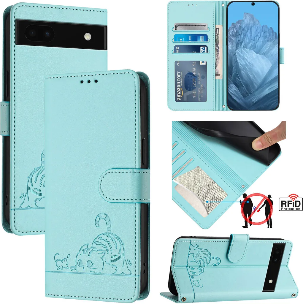 Cover Pixel 6A Gatto Verde Acqua - Custodia Pelle Flip Portafoglio