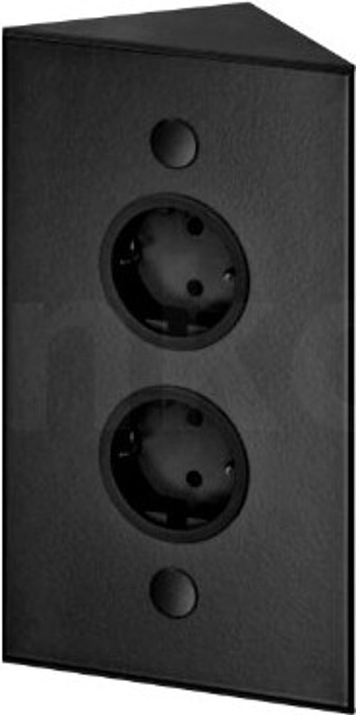 A black corner electrical outlet with two sockets.