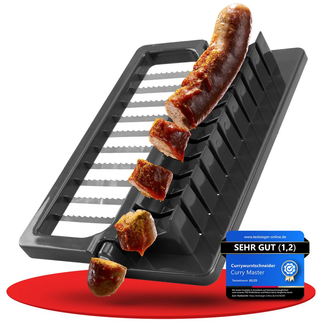 A black currywurst slicer with sliced currywurst pieces falling out, against a white and red background.