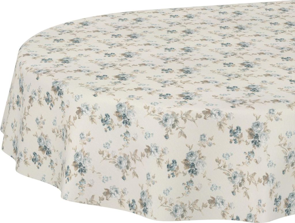 Tischdecke Zeitlos Rosen Blau Oval 220x140cm Schnittkante Wasserabweisend abwaschbar