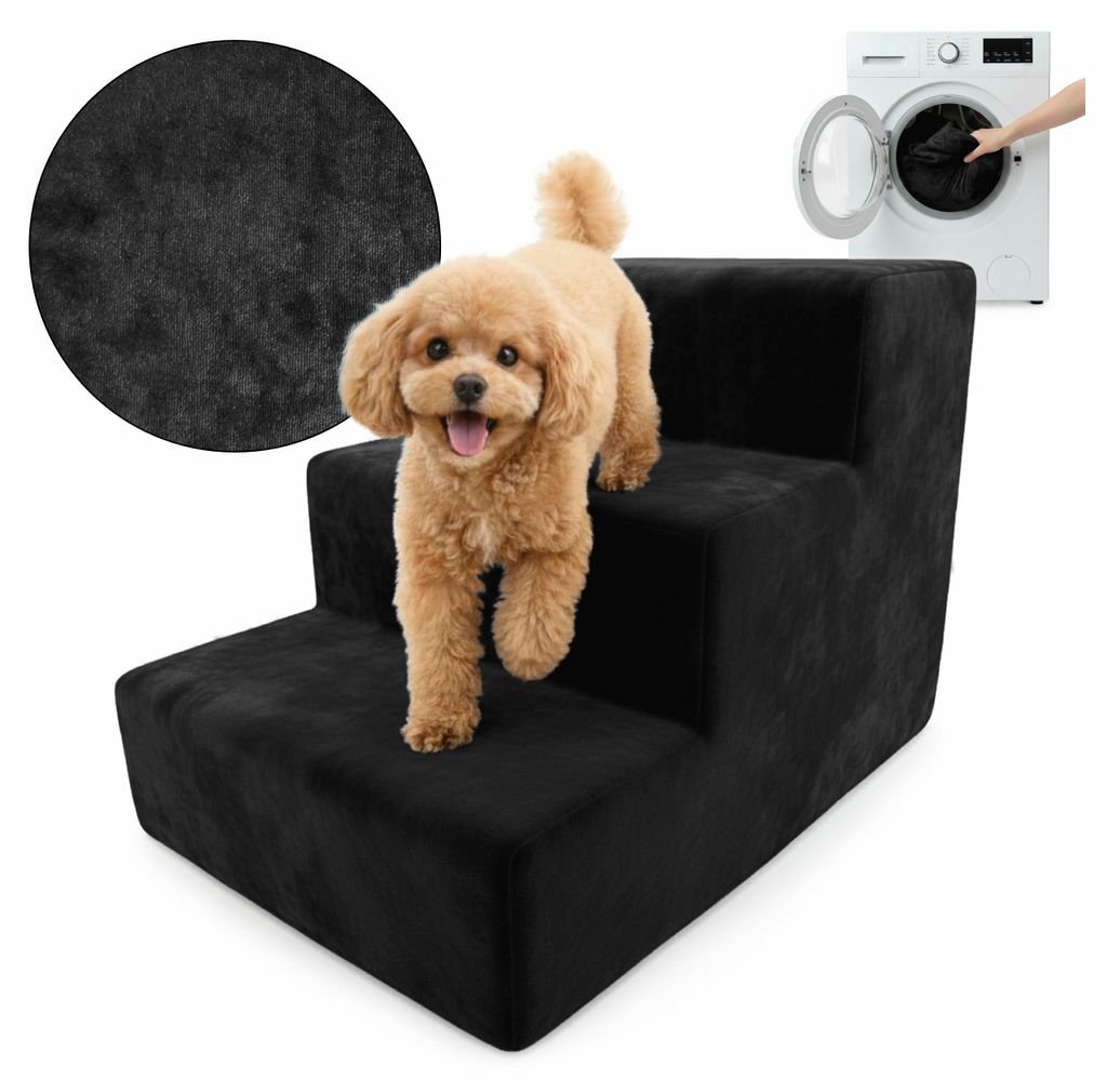 Muralo Treppe für Hund und Katze Rampe HUNDETREPPE Treppe für Haustiere 3 Stufen Schwarz Magic Velvet Stoff