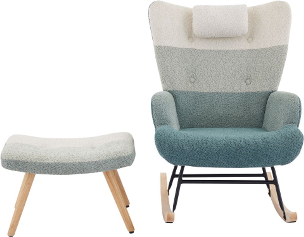 Boucle-Schaukelsessel 95x83x65.5cm(Sitz)/37x57x37(Hocker) Schaukelstuhl im bunten gespritztem Wohnzimmersessel Schlafzimmersessel Fussbank