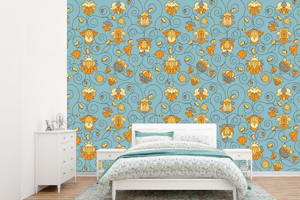 MuchoWow Fototapete für Wohnzimmer oder Schlafzimmer Wandtapete Vinyl Motivtapete Muster - Vintage - Blumen - 385x280 cm - Wallpaper