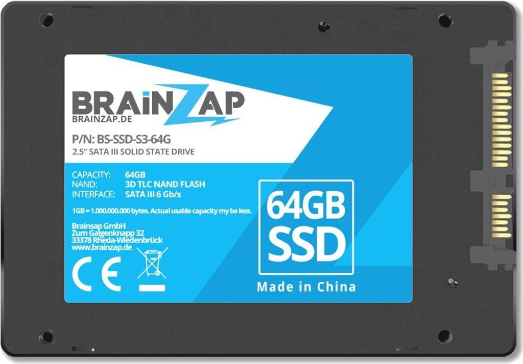 BRAINZAP 64GB SATA III 2.5 Zoll SSD 6 GBit/s - 300MB/s Lesen 250MB/s Schreiben Solid State Drive