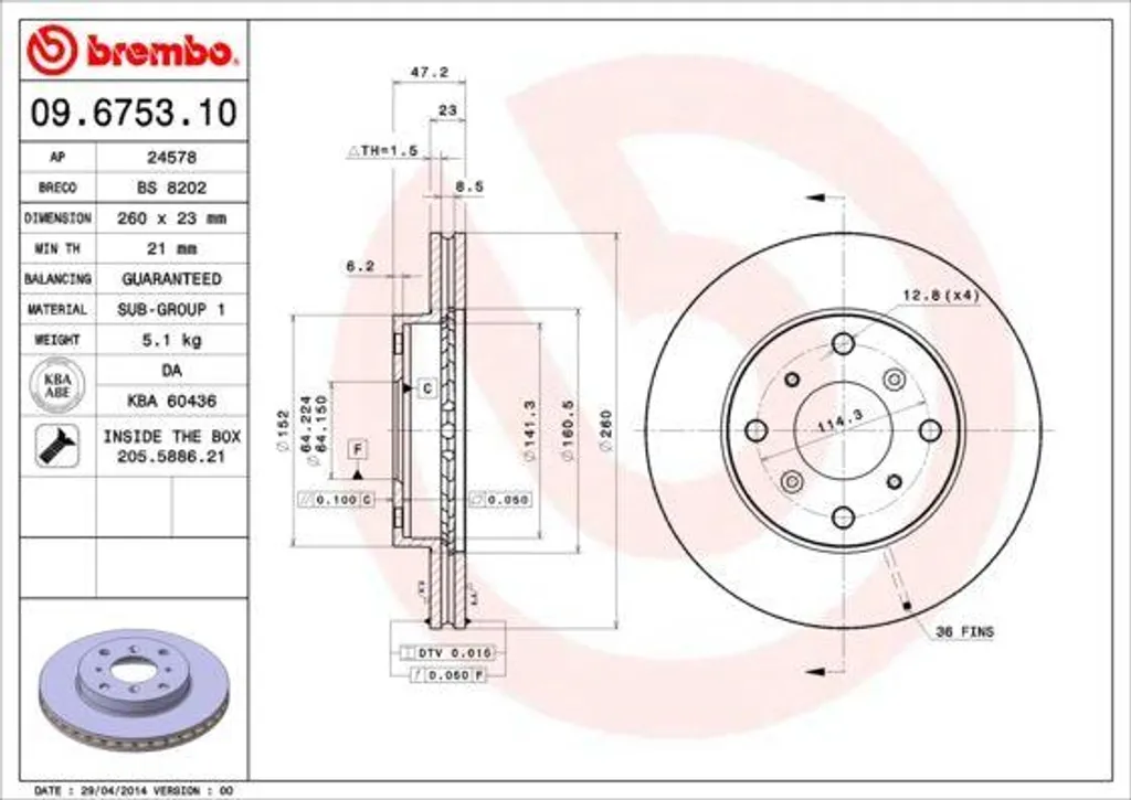 Brembo 09.6753.10 Disque de frein OE 45251S0A940 pour Honda Accord VI
