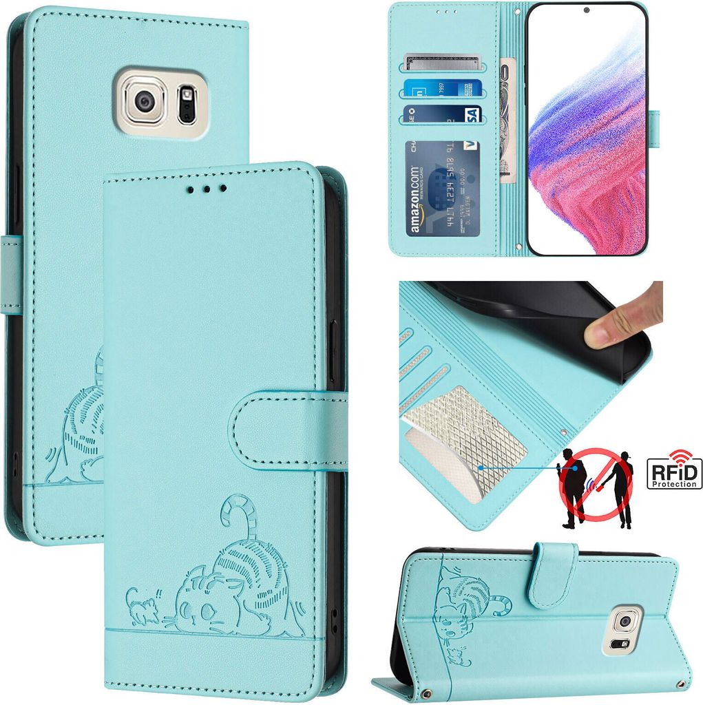 Leder Hülle für Samsung Galaxy S6 Edge Süße Katze Flip Case Brieftasche Schutzhülle mit Standfunktion hellgrün